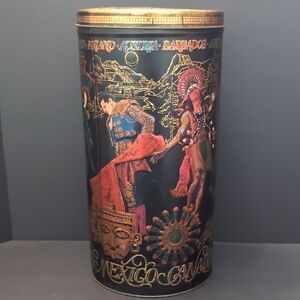 Vintage Colorful Cylindrical Tin Features People From Different Countries.